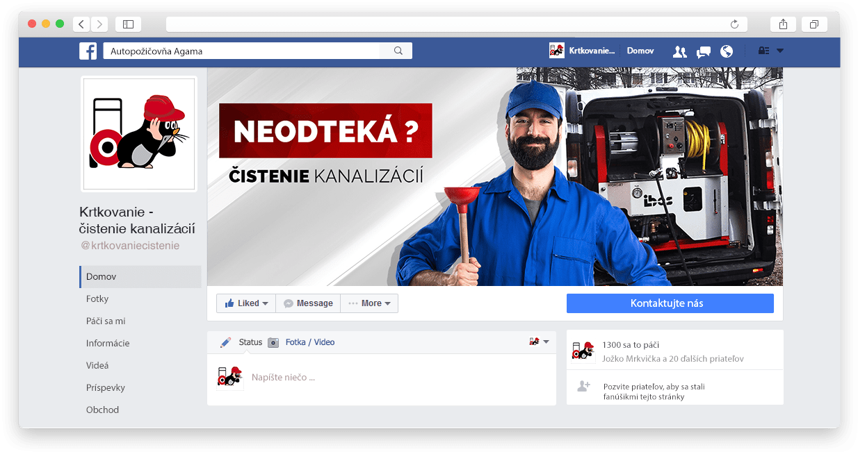 Facebook fanpage web stránky krtkovanie-cistenie.sk